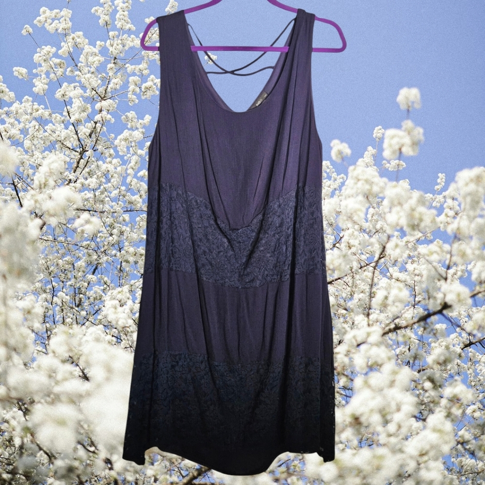 ING Navy Blue 3 Tier Lace Inset Sleeveless Dress Size-1X